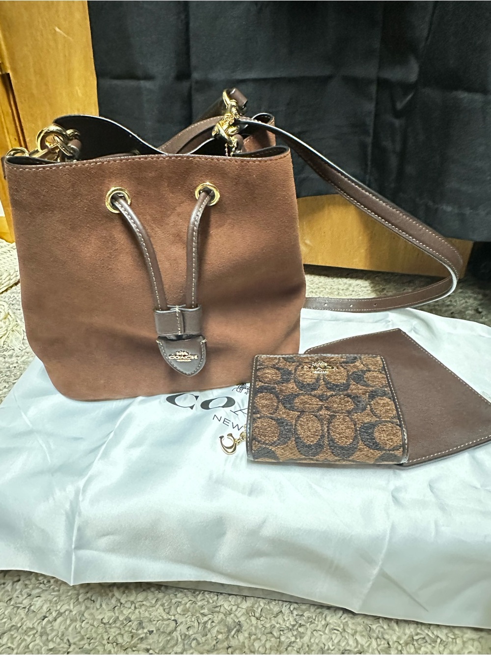 Coach Brown Suede Rowan Bucket Bag with Signature Card Case